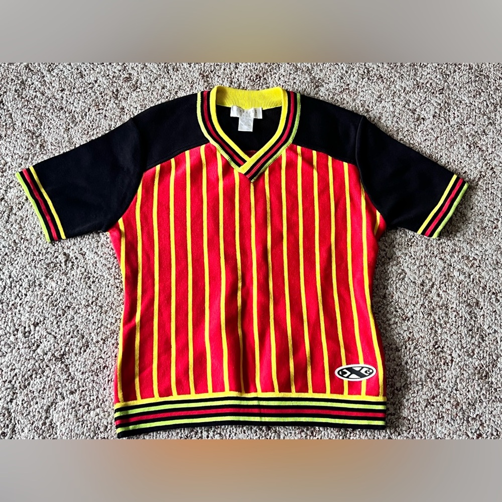 Vtg 90s Y2K Color Block Knit Tricot Knit Striped Top By Express Hong Kong - M